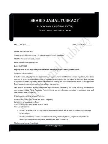 Legal Opinion on SDA Token Regulation