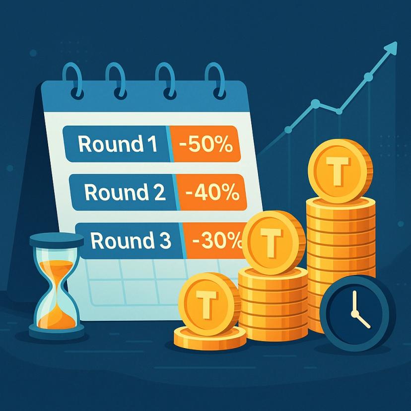 Phase 1 Token Sale rounds with discount percentages and token stacks